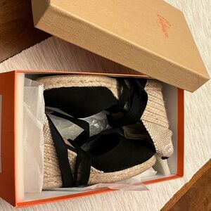 Iconic Castaner Carina Woven Espadrille Platform Sandals with Black Ribbon Ties